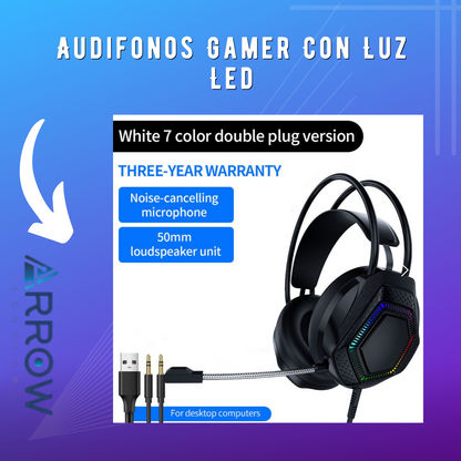 Audífono gamer mecánico con luz LED, diseñado para una experiencia de sonido envolvente y comodidad durante largas sesiones de juego