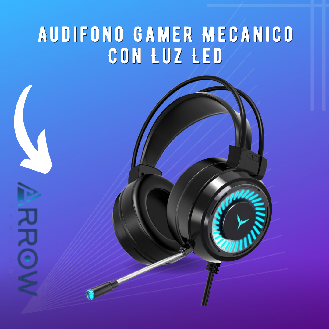 Audífono gamer mecánico con luz LED, diseñado para una experiencia de sonido envolvente y comodidad durante largas sesiones de juego