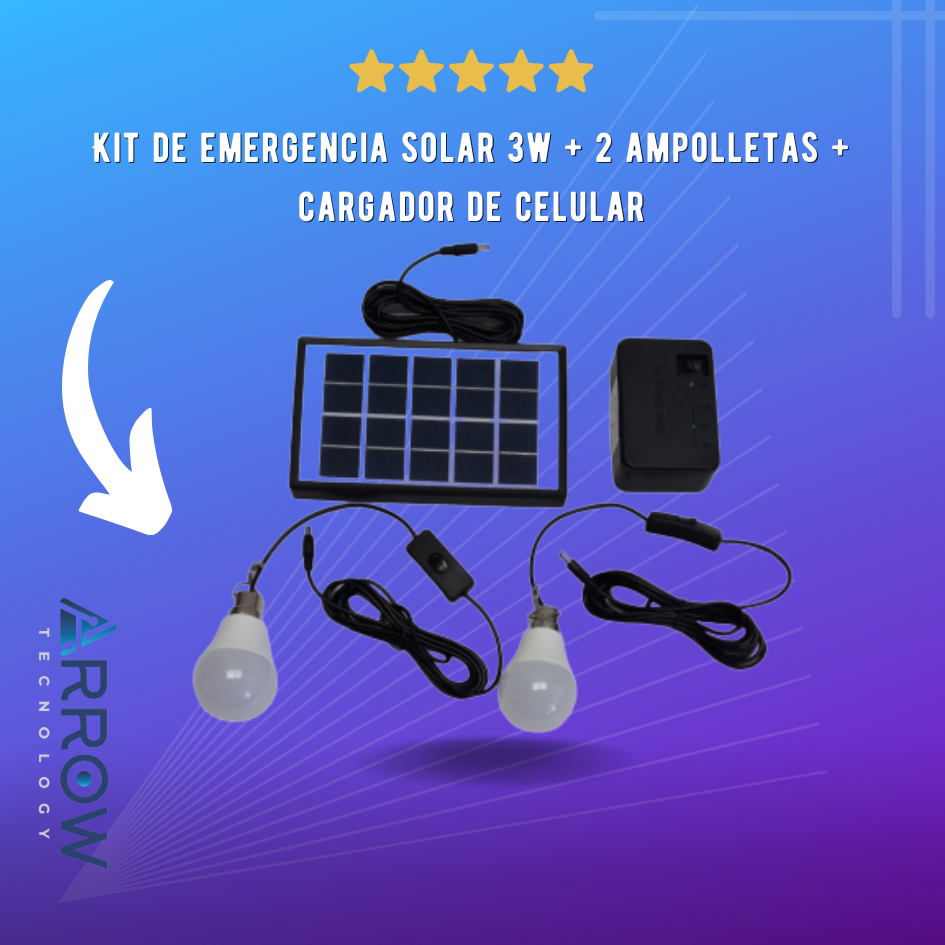 Kit de emergencia solar de 3W que incluye 2 ampolletas y un cargador de celular, ideal para situaciones de corte de luz o actividades al aire libre.