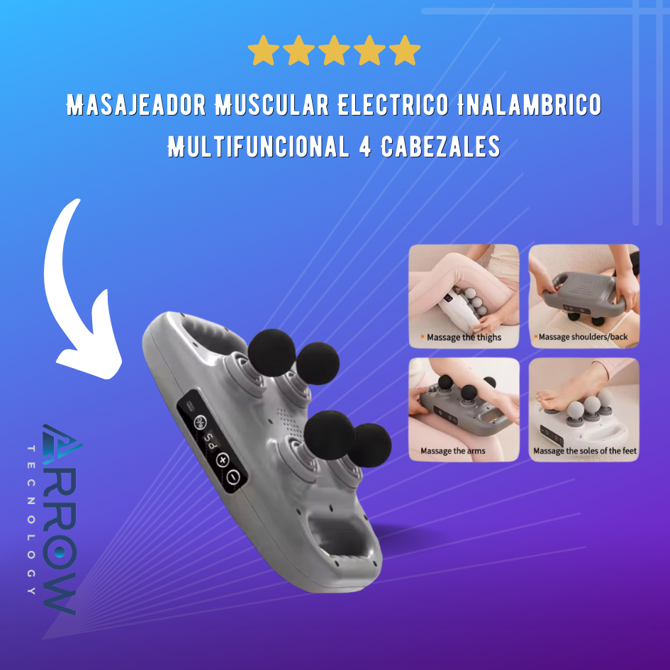 Masajeador muscular eléctrico inalámbrico multifuncional con 4 cabezales intercambiables, diseñado para aliviar la tensión y mejorar la circulación